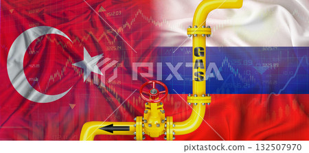 Gas pipeline with Russian and Turkish flag. Production and export of Russian gas to Turkey Gas pipeline with Russian and Turkish flag. Production and export of Russian gas to Turkey 132507970