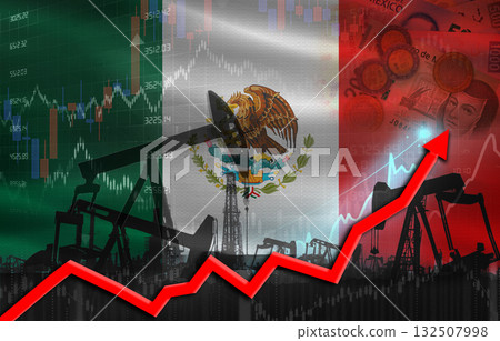 Oil production with Mexico flag, petrol industry. Oil pumps with Mexico flag Oil production with Mexico flag, petrol industry. Oil pumps with Mexico flag 132507998