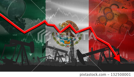 Fall oil price with flag of Mexico on economic chart, Petrol crisis with Mexico flag on financial graph 132508001