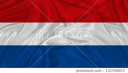 Dutch flag with fabric texture. Realistic flag of Netherlands waving 132508015