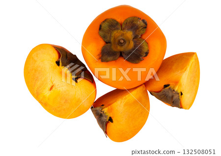 Fresh ripe plum cut in half isolated on white background 132508051