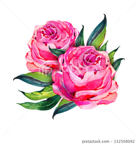watercolor hand drawn magical botanical illustration isolated on white background. one single pink peony or rose. fantastic neon flowers. watercolor hand drawn magical botanical illustration isolated on white background. one single pink peony or rose. fantastic neon flowers. 132508092