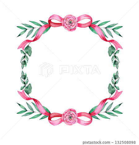 Wedding invitation template Watercolor pink ranunculus floral background for bridal shower baby shower anniversary birthday card 132508098