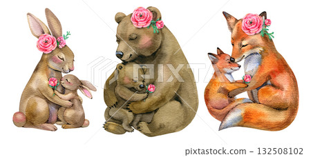 Cute animals, mom and baby. Hares, foxes, bears. Watercolor illustration set isolated on white background. 132508102