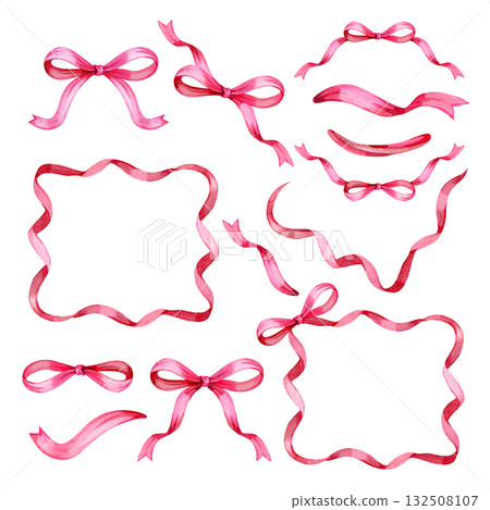 Watercolor bow frame collection featuring coquette style ribbons, ideal for cute card designs, decorative borders, and digital crafts. 132508107