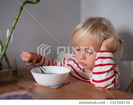 Little 4 year old girl refusing to eat soup. picky and fussy eater child Little 4 year old girl refusing to eat soup. picky and fussy eater child 132508130
