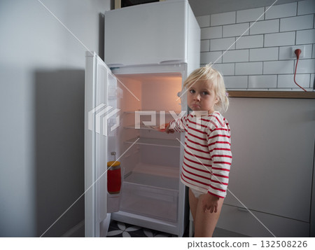 Little hungry girl looking into an empty refrigerator at home, no food concept Little hungry girl looking into an empty refrigerator at home, no food concept 132508226