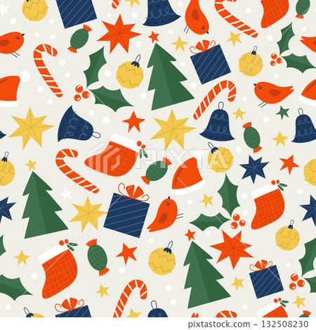 Seamless Christmas Pattern with Gifts, Trees, Candy Canes, Birds, and Holiday Icons 132508230