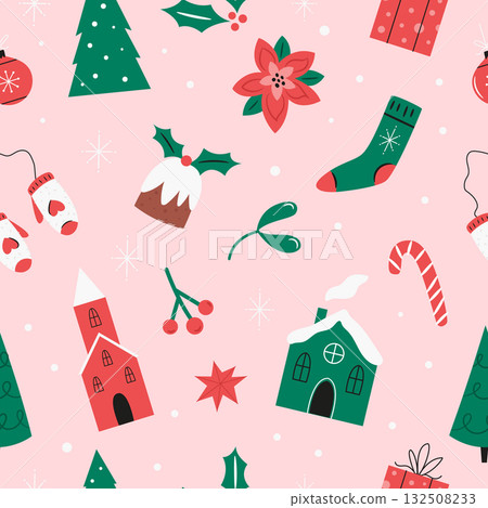 Seamless Christmas Pattern with Buildings, Gifts, Trees, Candy Canes and Holiday Icons 132508233