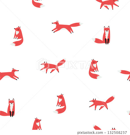 Cute Fox Seamless Pattern. Hand Drawn Forest Animal in Minimal Style on White Background 132508237