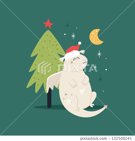 Cute Holiday Dragon in Santa Hat on Green Background Cute Holiday Dragon in Santa Hat on Green Background 132508241
