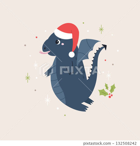 Cute Holiday Flying Dragons in Santa Hat on Beige Background Cute Holiday Flying Dragons in Santa Hat on Beige Background 132508242