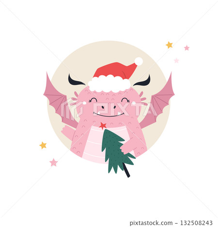 Cute Happy Dragon with Christmas Tree. Holiday Greeting Card, Illustration 132508243