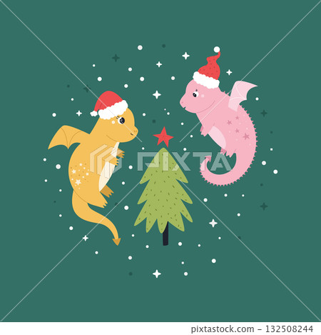 Cute Holiday Flying Dragons in Santa Hat on Green Background Cute Holiday Flying Dragons in Santa Hat on Green Background 132508244