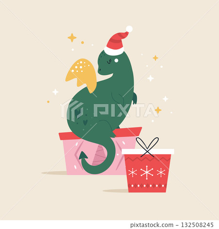 Cute Holiday Dragon in Santa Hat Sitting on a Pile of Gifts Cute Holiday Dragon in Santa Hat Sitting on a Pile of Gifts 132508245