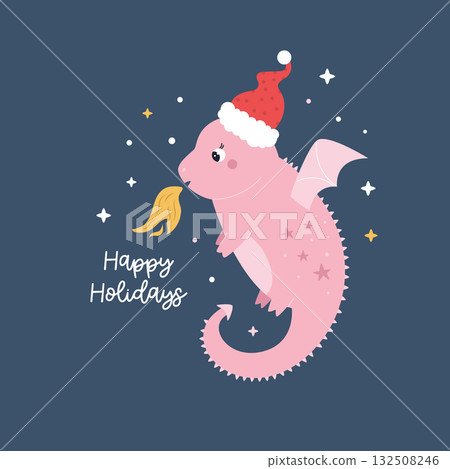 Cute Holiday Dragon Flying in Santa Hat on Blue Background Cute Holiday Dragon Flying in Santa Hat on Blue Background 132508246