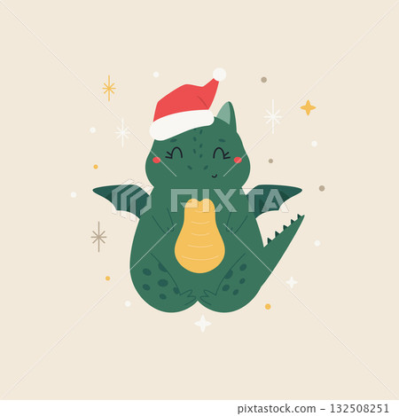 Cute Holiday Dragon Flying in Santa Hat 132508251