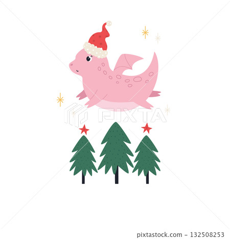 Cute Holiday Dragon Flying in Santa Hat. Cute Holiday Dragon Flying in Santa Hat. 132508253