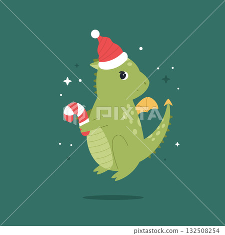Cute Holiday Dragon Flying in Santa Hat on Green Background Cute Holiday Dragon Flying in Santa Hat on Green Background 132508254