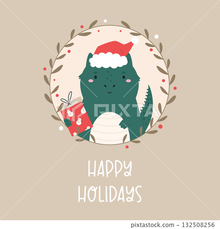 Cute Christmas Dragon with Gift Box. Holiday Greeting Card, Illustration Cute Christmas Dragon with Gift Box. Holiday Greeting Card, Illustration 132508256