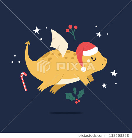 Cute Holiday Dragon Flying in Santa Hat on Blue Background 132508258