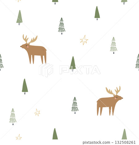Cute Christmas Moose, Deer and Trees Seamless Pattern 132508261