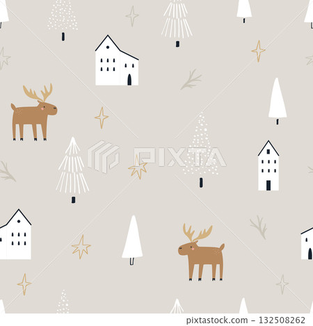 Seamless Christmas Pattern with Moose, Trees and Winter Houses 132508262