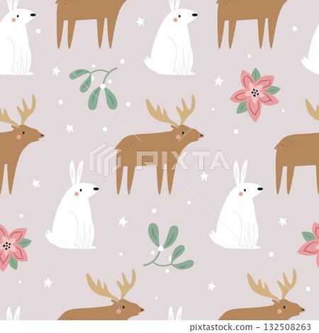 Seamless Christmas Pattern with Woodland Animals Rabbits and Moose, Poinsettia and Mistletoe Seamless Christmas Pattern with Woodland Animals Rabbits and Moose, Poinsettia and Mistletoe 132508263