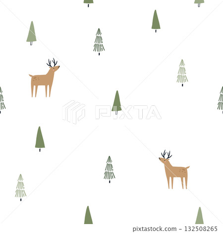 Cute Christmas Deer and Trees Seamless Pattern 132508265