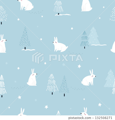 Seamless Christmas Pattern with Woodland Rabbits and Stylized Hand Drawn Trees 132508271