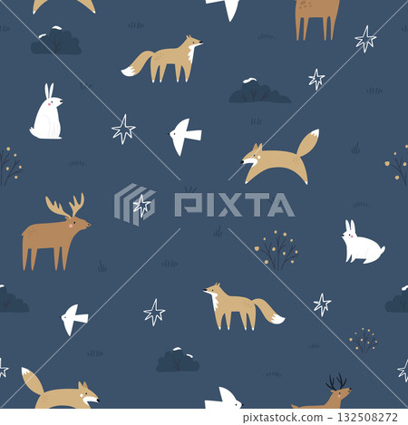 Seamless Christmas Pattern with Woodland Animals and Stylized Elements 132508272