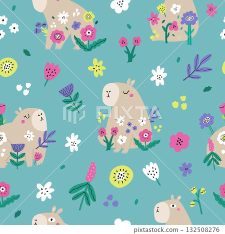 Capybara Seamless Pattern with Flowers and Leaves. Cute Floral Animal Vector Background. Kids Fabric, Wallpaper, Textile Design 132508276
