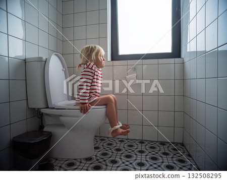 Little 4 year old girl sitting on the toilet during potty training at home 132508295