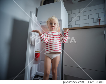 Little hungry girl looking into an empty refrigerator at home, no food concept Little hungry girl looking into an empty refrigerator at home, no food concept 132508300