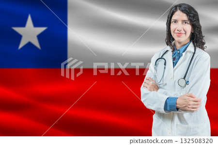 Chilean medicine and healthcare concept. Close up of doctor against Chile flag background Chilean medicine and healthcare concept. Close up of doctor against Chile flag background 132508320