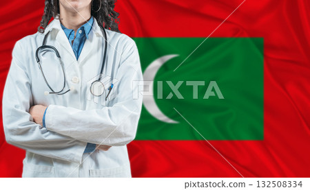 Medical professional on Maldivian flag. Healthcare and wellness in Maldives, Concept Medical professional on Maldivian flag. Healthcare and wellness in Maldives, Concept 132508334