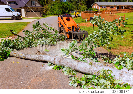 Crawler tractor loader machine removes large tree debris from road in quiet neighborhood following recent bad weather. 132508375