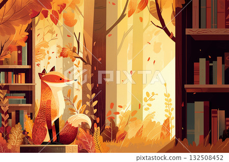 一隻狐狸被秋葉和書籍包圍的插圖 132508452