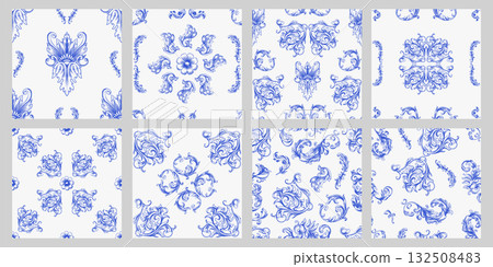 Vintage Baroque or renaissance Seamless pattern hand drawn Victorian set of ornament floral elements 132508483