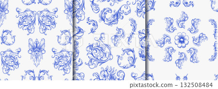 Vintage Baroque or renaissance Seamless pattern hand drawn Victorian set of ornament floral elements Vintage Baroque or renaissance Seamless pattern hand drawn Victorian set of ornament floral elements 132508484