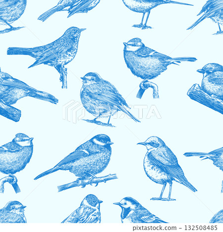 Blue forest birds seamless pattern. Toile de Jouy different species from European forests. Goldcrest Blue forest birds seamless pattern. Toile de Jouy different species from European forests. Goldcrest 132508485