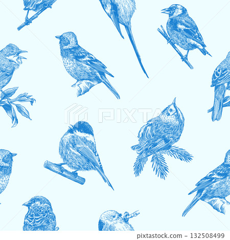 Blue forest birds seamless pattern. Toile de Jouy different species from European forests. Goldcrest 132508499