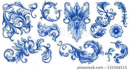 Vintage Baroque or renaissance hand drawn Victorian set of ornament floral elements engraved retro 132508515