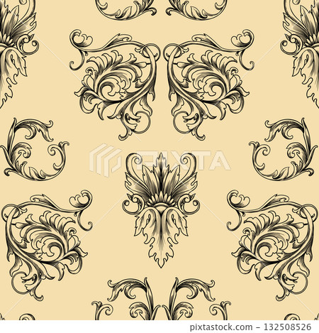 Vintage Baroque or renaissance Seamless pattern hand drawn Victorian set of ornament floral elements 132508526