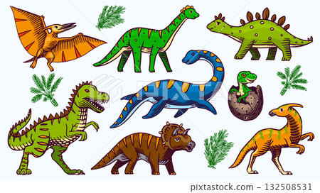 Set of dinosaurs. sketchy Hand drawn illustrations for kids clothes, childish . Tyrannosaurus 132508531