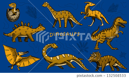 Set of dinosaurs. sketchy Hand drawn illustrations for kids clothes, childish . Tyrannosaurus Set of dinosaurs. sketchy Hand drawn illustrations for kids clothes, childish . Tyrannosaurus 132508533