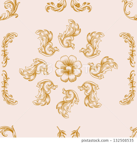 Vintage Baroque or renaissance Seamless pattern hand drawn Victorian set of ornament floral elements Vintage Baroque or renaissance Seamless pattern hand drawn Victorian set of ornament floral elements 132508535