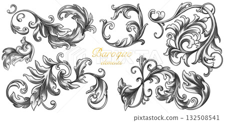 Vintage Baroque or renaissance hand drawn Victorian set of ornament floral elements engraved retro Vintage Baroque or renaissance hand drawn Victorian set of ornament floral elements engraved retro 132508541