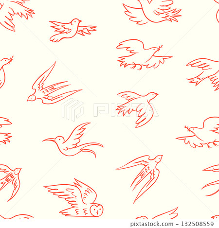 beautiful seamless pattern with one line birds. peace symbols. Owl , dove and swallow. Colibri one 132508559