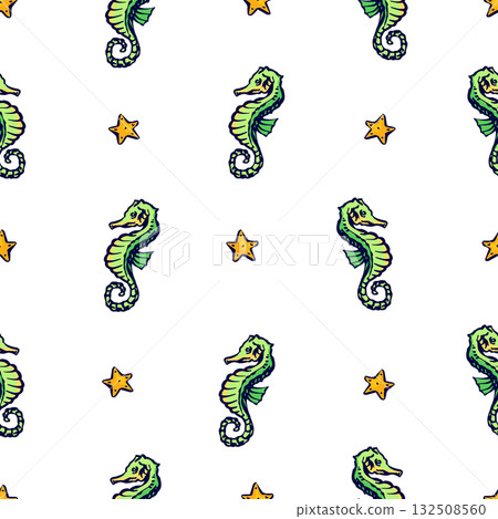 Nautical marine elements with seahorses. Hand drawn elements for summer vacation. 132508560